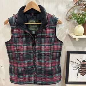 EDDIE BAUER Goose Down Plaid Puffer Vest Size S Black Red Green Tartan